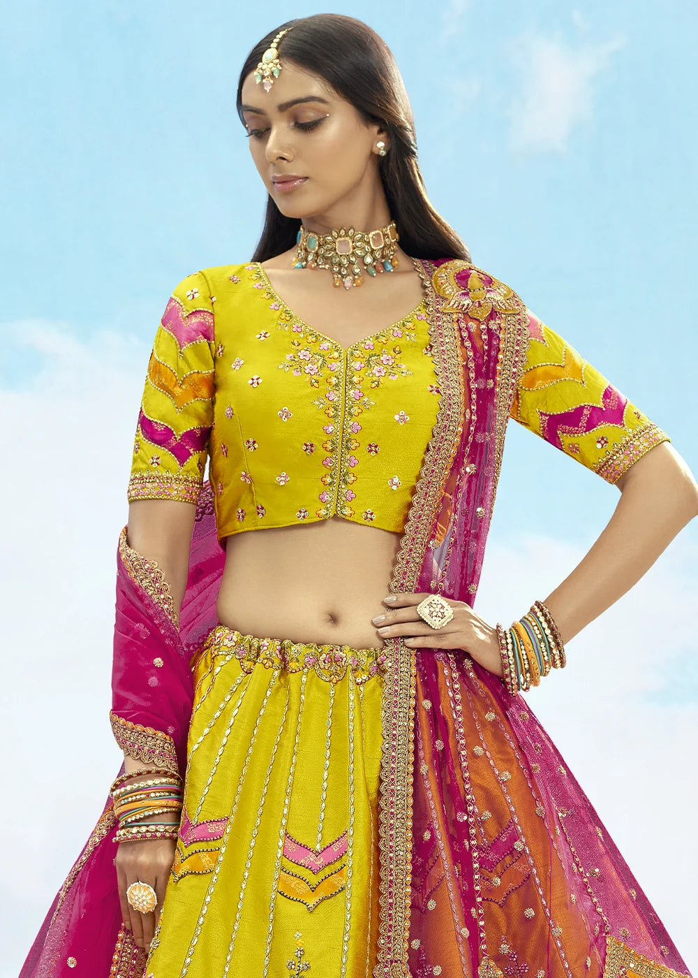Patch & Cut Work Silk Embroidered Semi Stitched Lehenga Choli & Dupatta - qivii