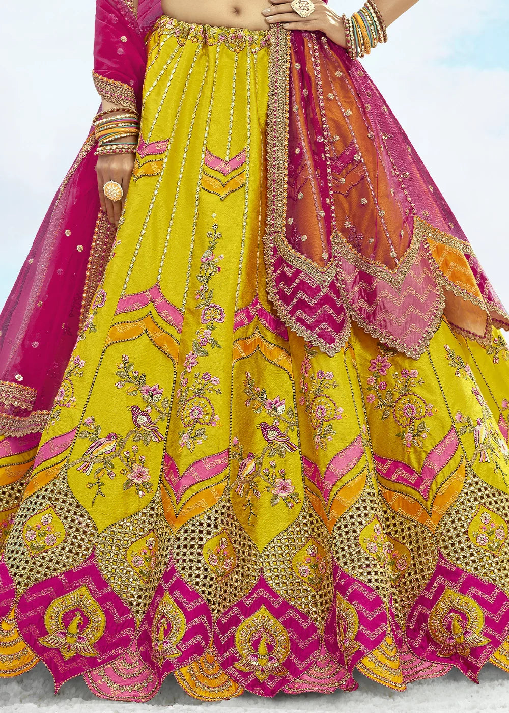 Patch & Cut Work Silk Embroidered Semi Stitched Lehenga Choli & Dupatta - qivii