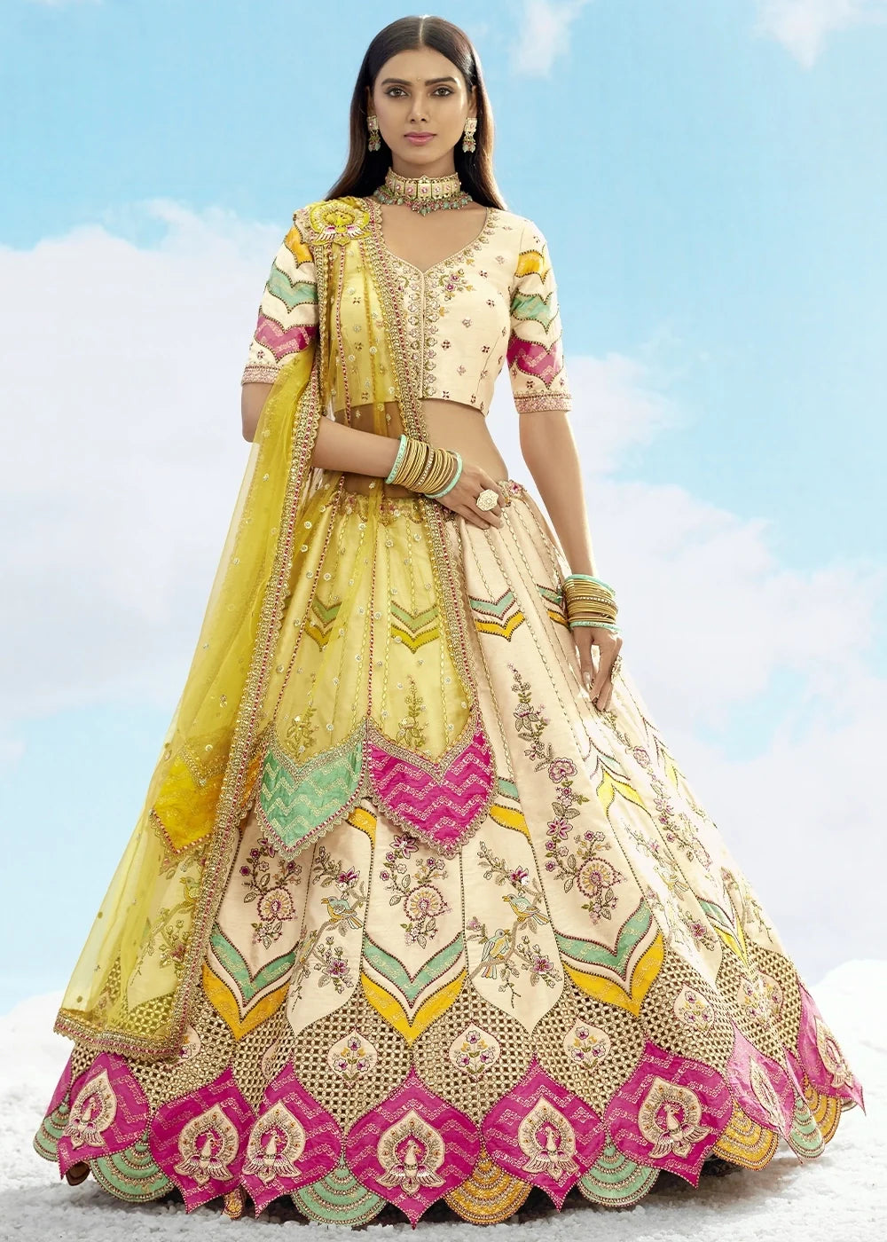 Patch & Cut Work Silk Embroidered Semi Stitched Lehenga Choli & Dupatta - qivii