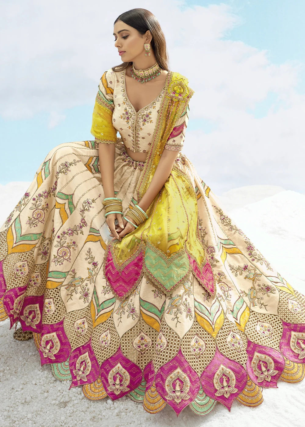 Patch & Cut Work Silk Embroidered Semi Stitched Lehenga Choli & Dupatta - qivii
