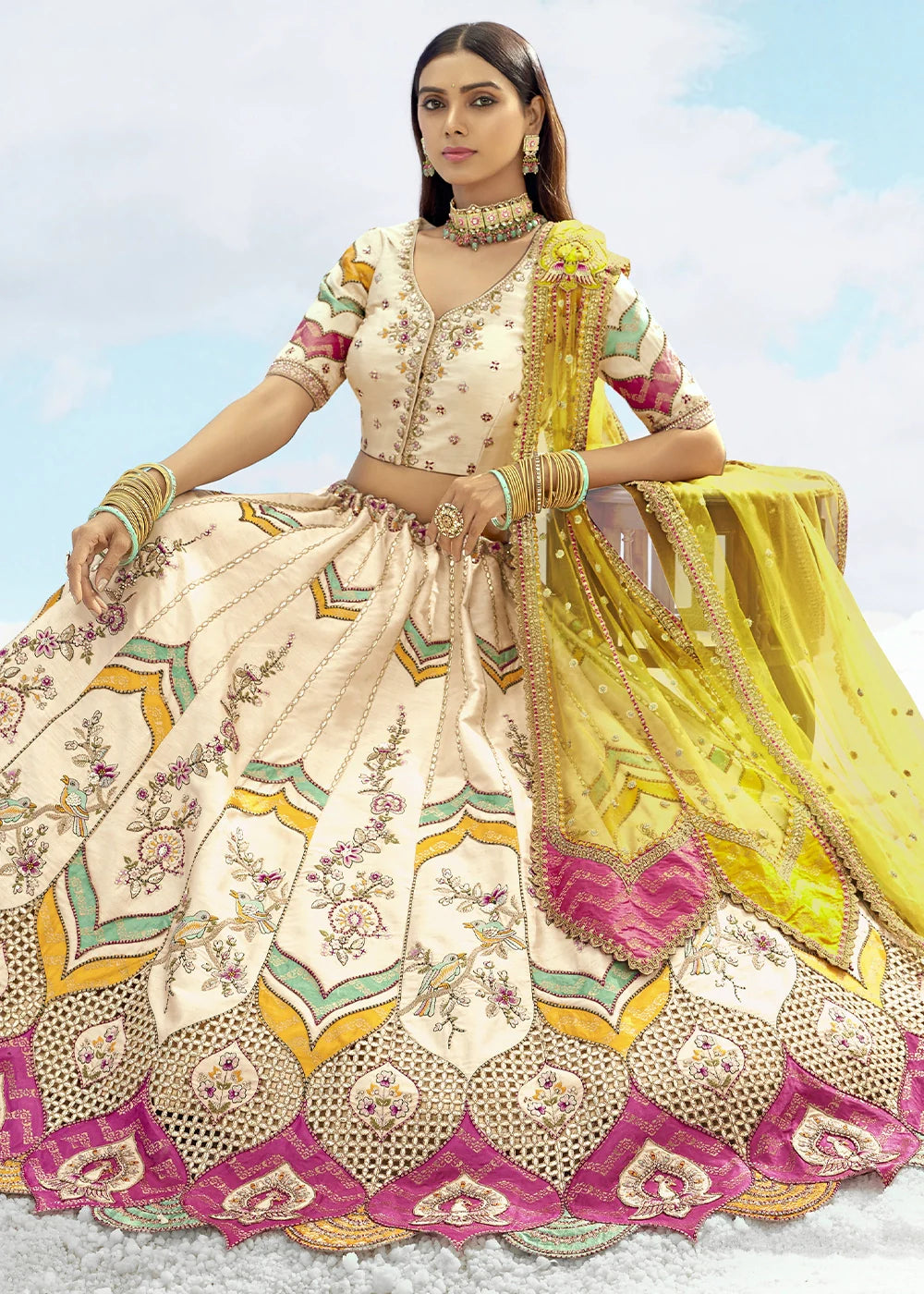 Patch & Cut Work Silk Embroidered Semi Stitched Lehenga Choli & Dupatta - qivii
