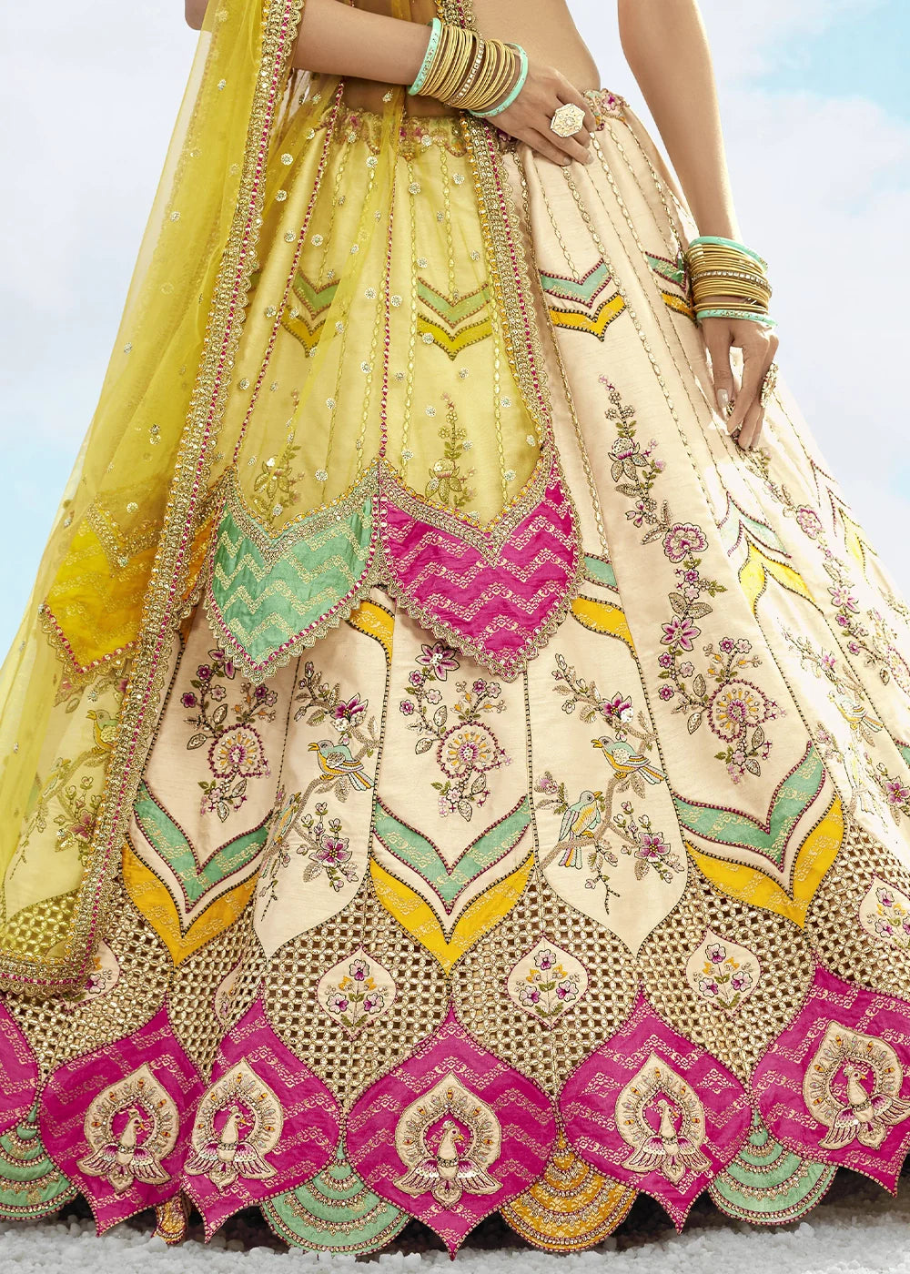 Patch & Cut Work Silk Embroidered Semi Stitched Lehenga Choli & Dupatta - qivii