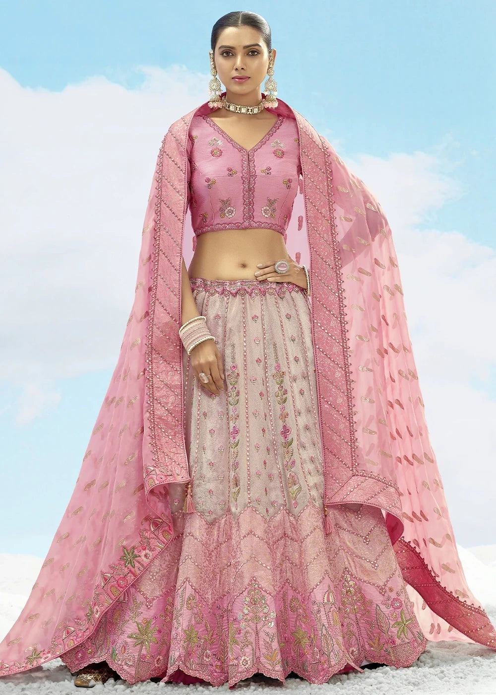 Patch & Cut Work Silk Embroidered Semi Stitched Lehenga Choli & Dupatta - qivii