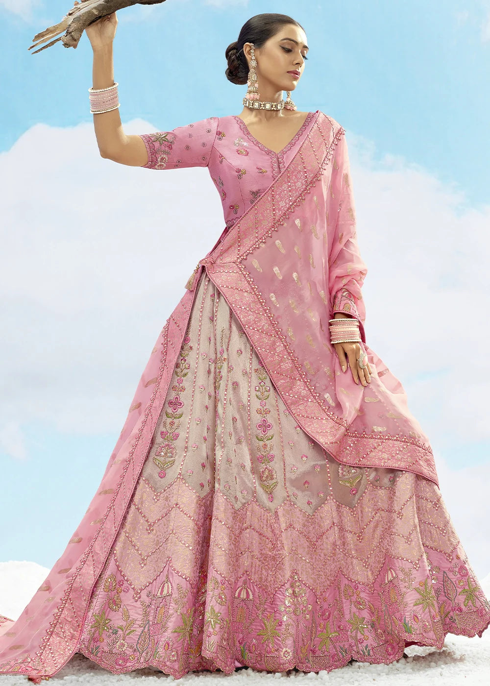 Patch & Cut Work Silk Embroidered Semi Stitched Lehenga Choli & Dupatta - qivii