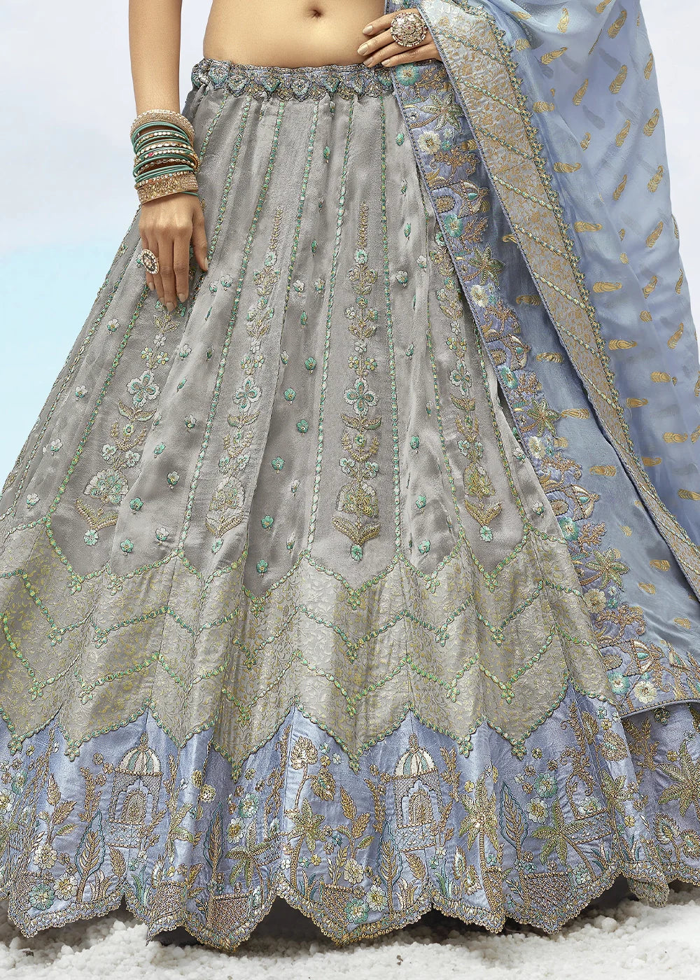 Patch & Cut Work Silk Embroidered Semi Stitched Lehenga Choli & Dupatta - qivii