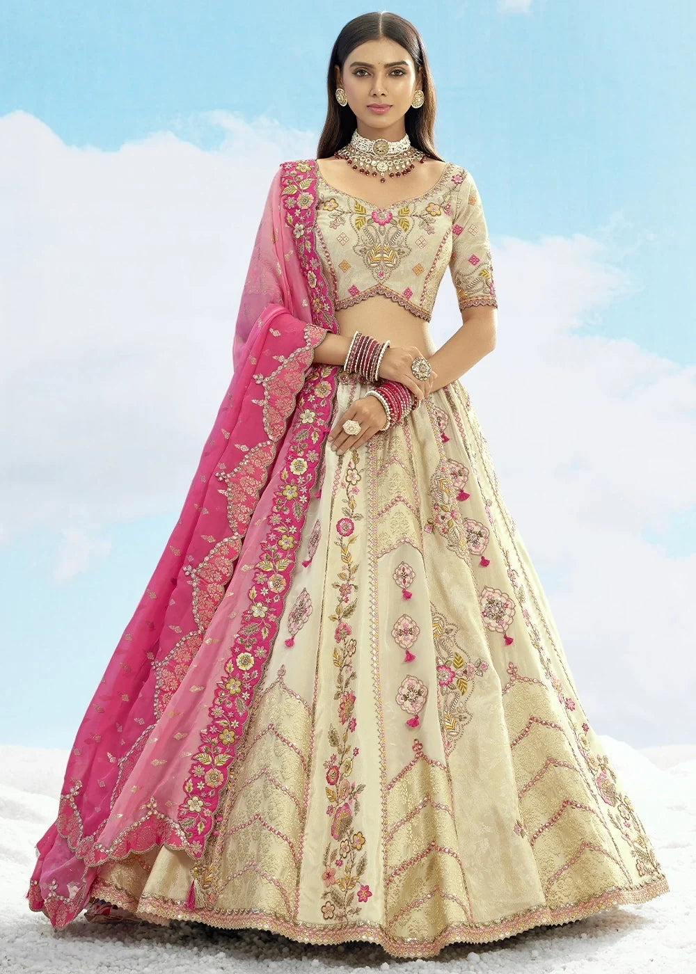 Patch & Cut Work Silk Embroidered Semi Stitched Lehenga Choli & Dupatta - qivii