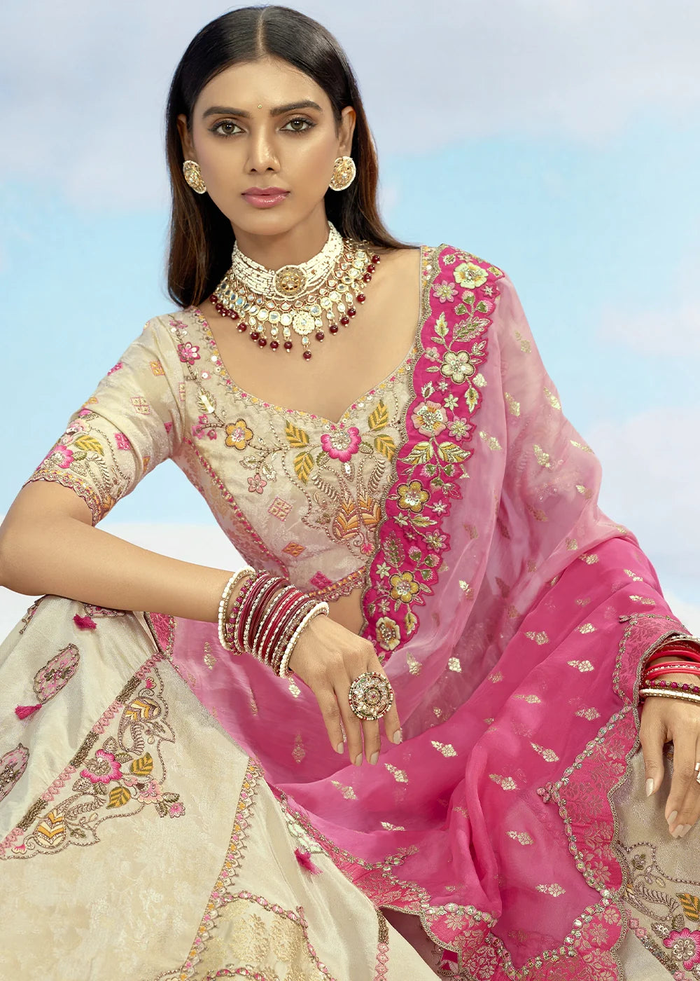 Patch & Cut Work Silk Embroidered Semi Stitched Lehenga Choli & Dupatta - qivii