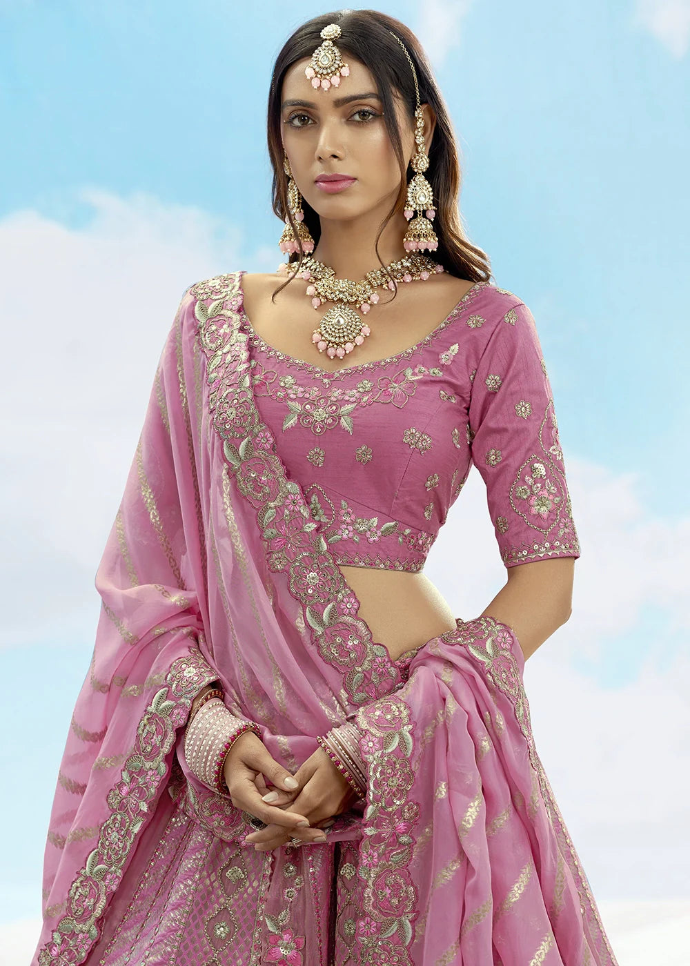 Patch & Cut Work Silk Embroidered Semi Stitched Lehenga Choli & Dupatta - qivii