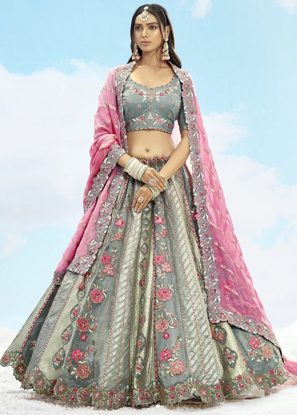 Patch & Cut Work Silk Embroidered Semi Stitched Lehenga Choli & Dupatta - qivii