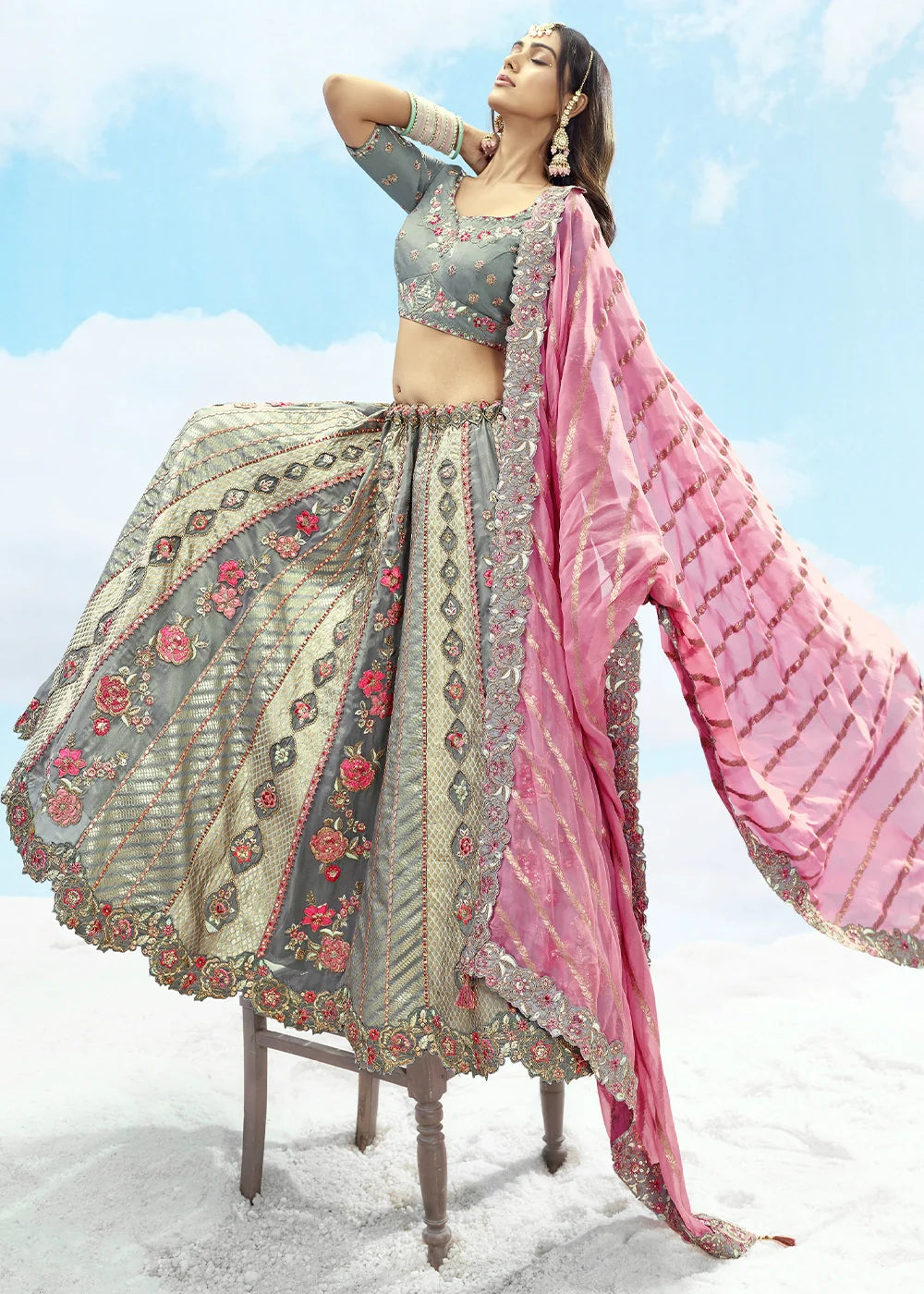 Patch & Cut Work Silk Embroidered Semi Stitched Lehenga Choli & Dupatta - qivii