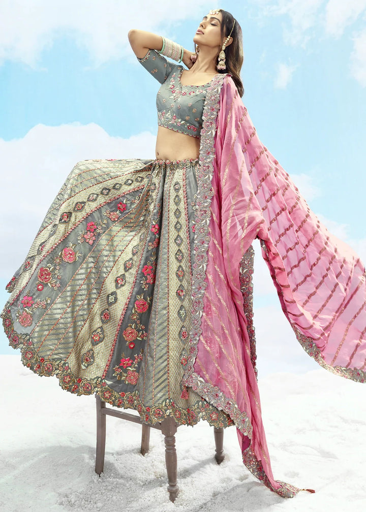 Patch & Cut Work Silk Embroidered Semi Stitched Lehenga Choli & Dupatta - qivii