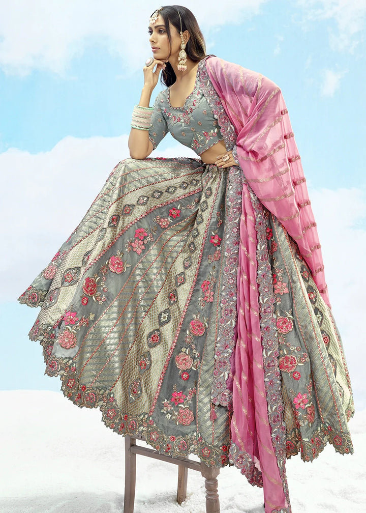 Patch & Cut Work Silk Embroidered Semi Stitched Lehenga Choli & Dupatta - qivii