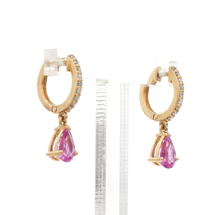 Pink Sapphire Pear Diamond Mini Huggies Earrings - qivii