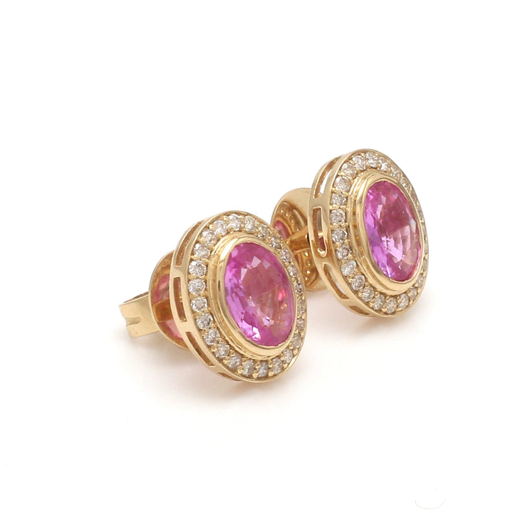 Pink Sapphire Bezel Set Oval Shape Diamond Studs - qivii