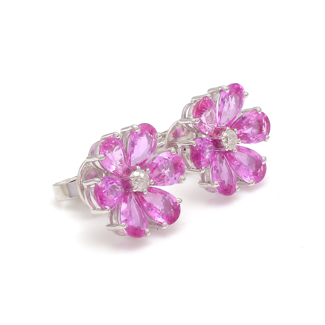 Pink Sapphire Diamond Flower Earrings Studs - qivii