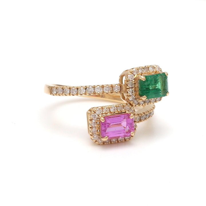 Emerald and Pink Sapphire Octagon Two Stone Ring - qivii