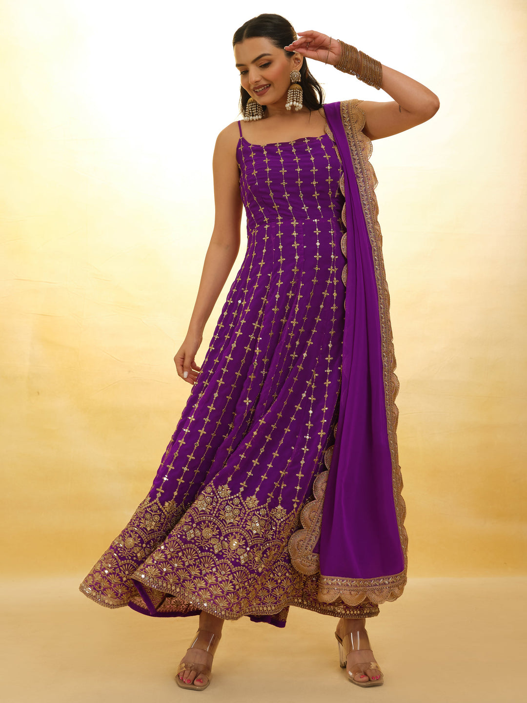 Captivating Purple Embroidered Georgette Wedding Wear Anarkali Suit with Intricate Floral Design