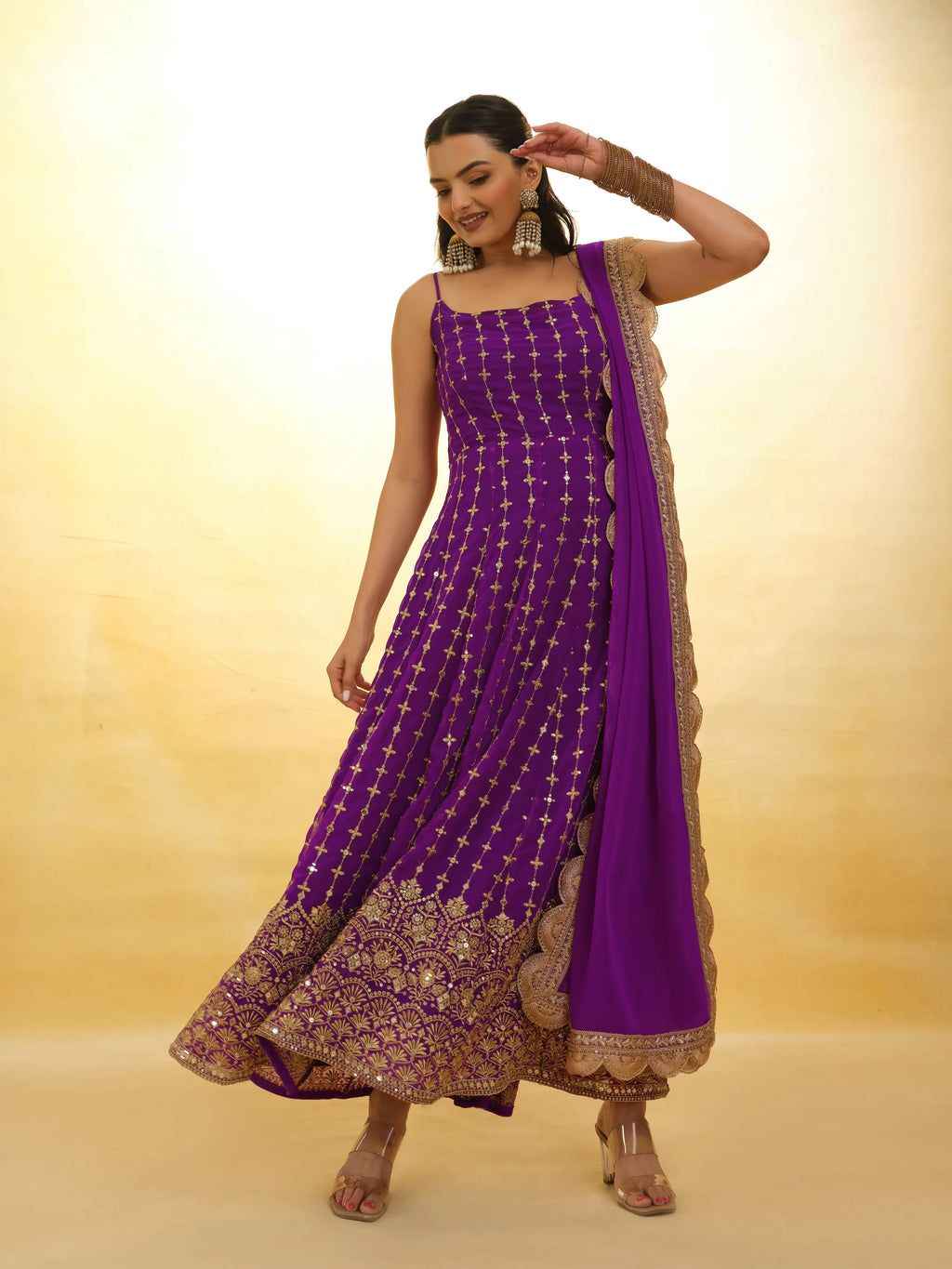 Purple Georgette Embroidery Work Gown With Dupatta