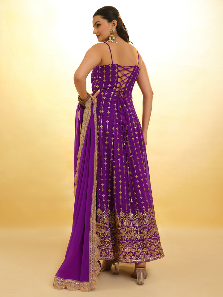 Captivating Purple Embroidered Georgette Wedding Wear Anarkali Suit with intricate detailing and flowing silhouette