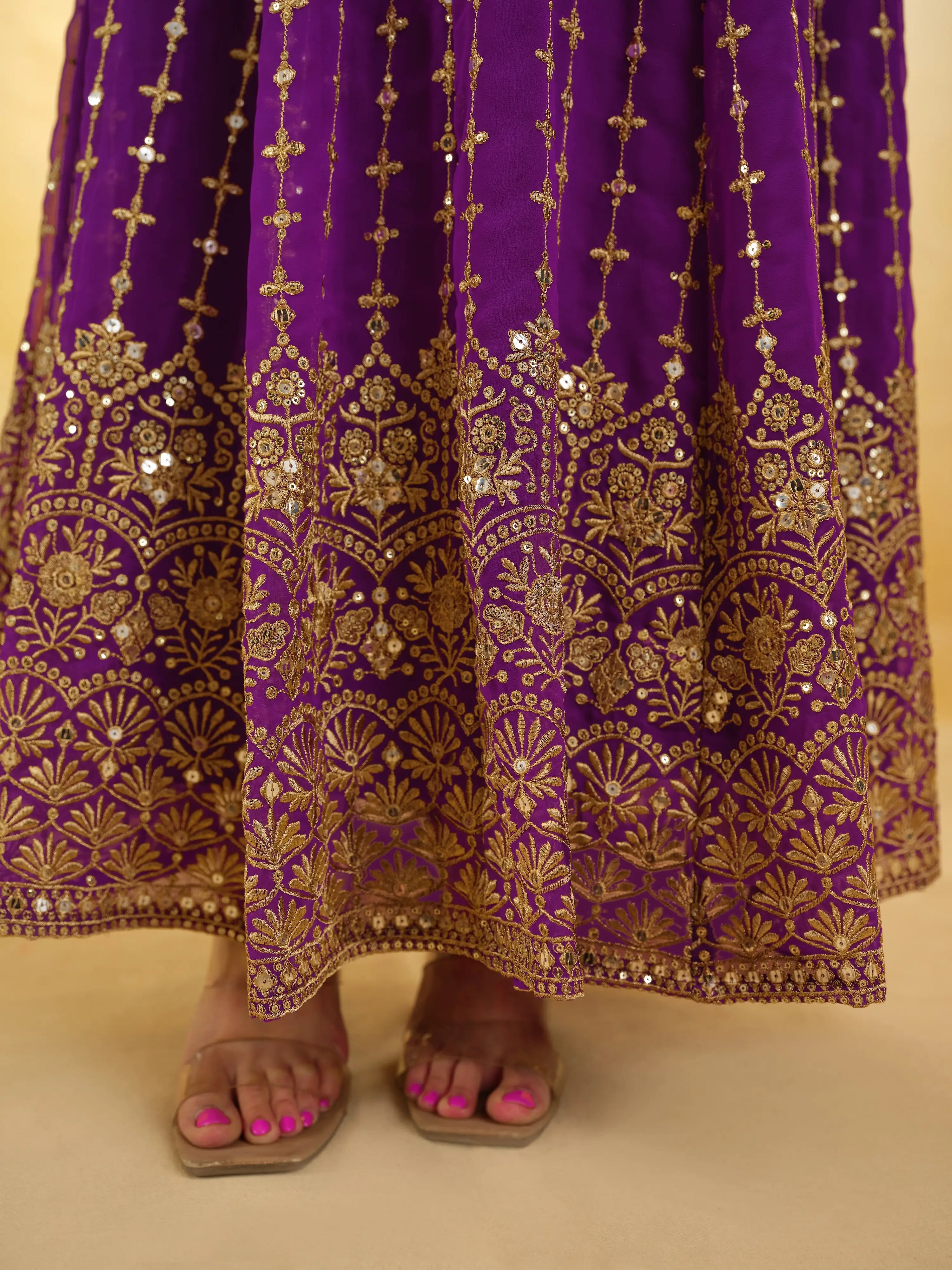 Purple Georgette Embroidery Work Gown With Dupatta
