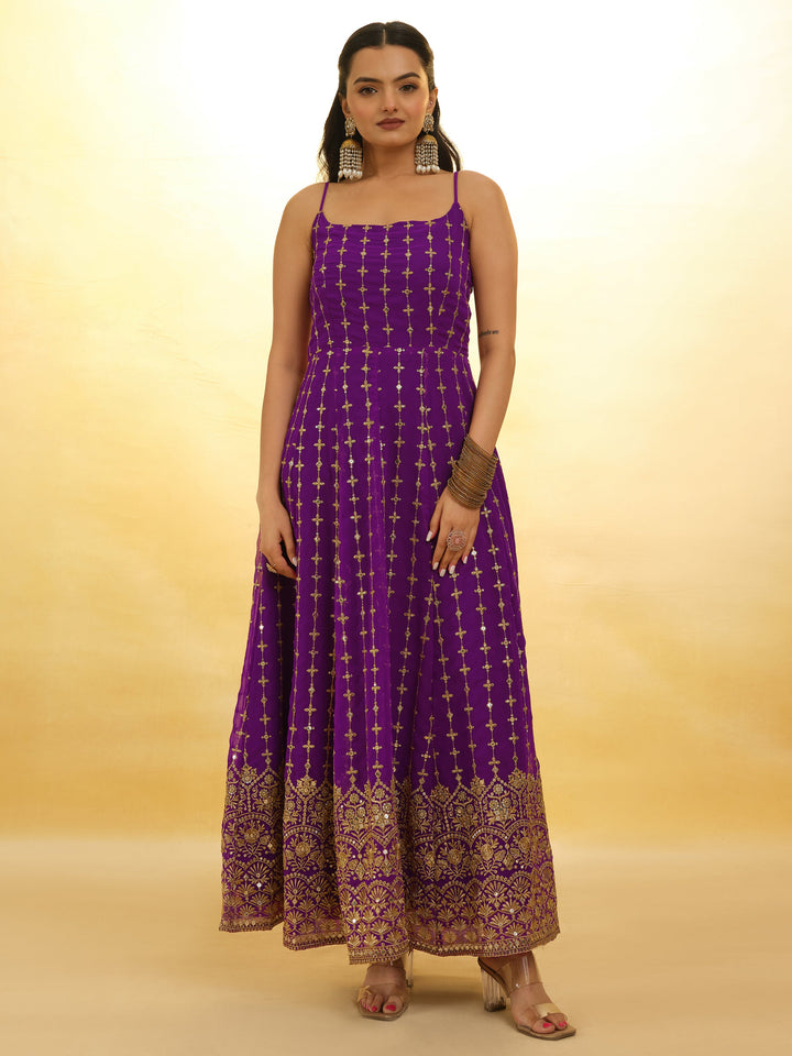 Captivating purple georgette wedding wear anarkali suit with intricate embroidery details