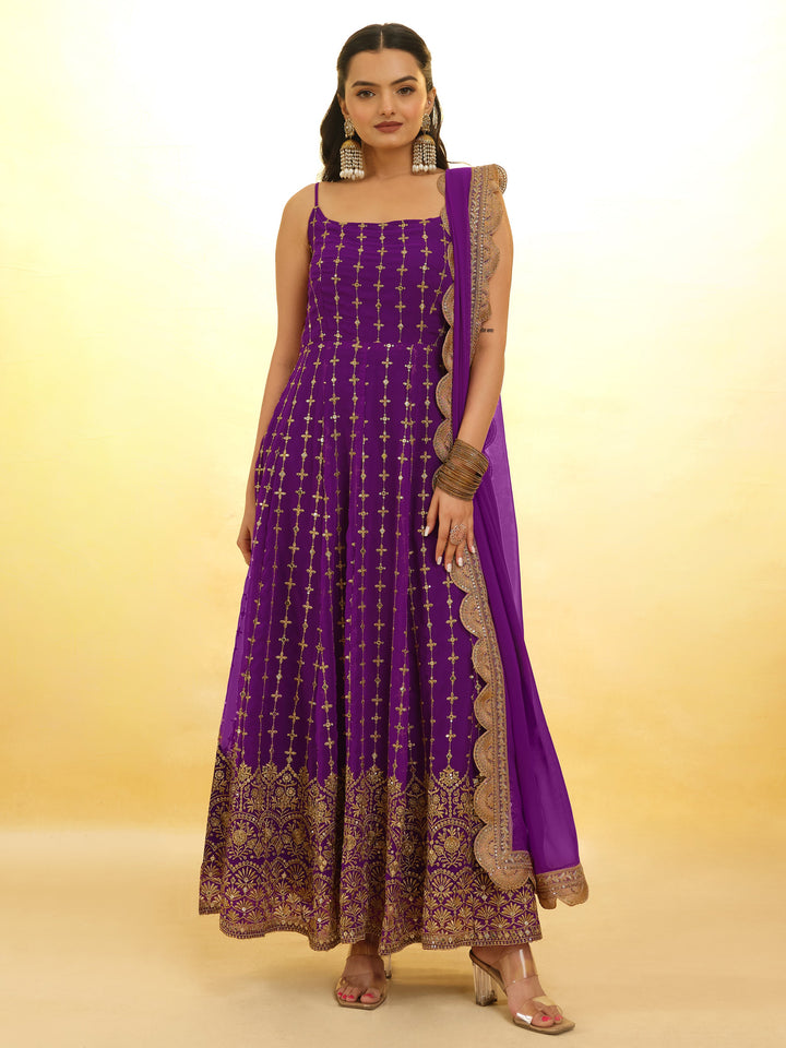Captivating Purple Embroidered Georgette Wedding Wear Anarkali Suit with intricate design details and elegant flowing silhouette