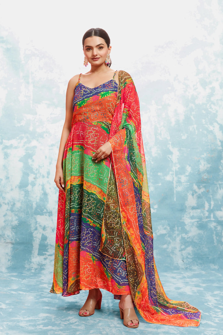 MultiColor Bandhani Printed Georgette Gown With Dupatta - qivii