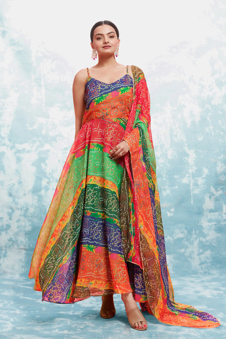 MultiColor Bandhani Printed Georgette Gown With Dupatta - qivii