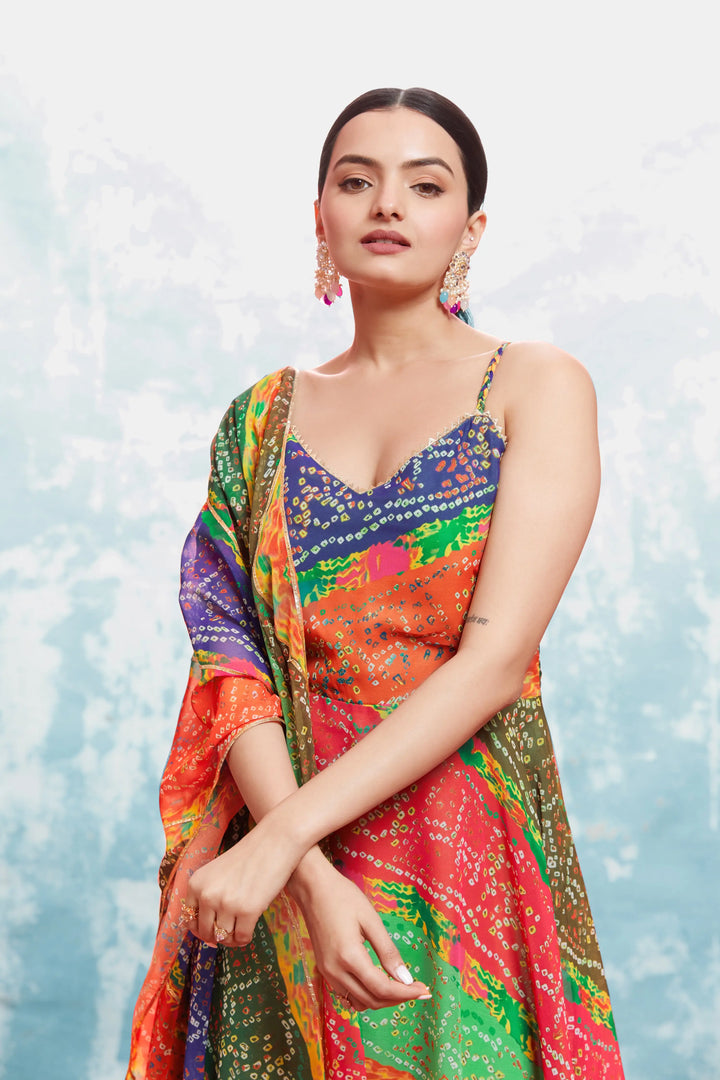 MultiColor Bandhani Printed Georgette Gown With Dupatta - qivii