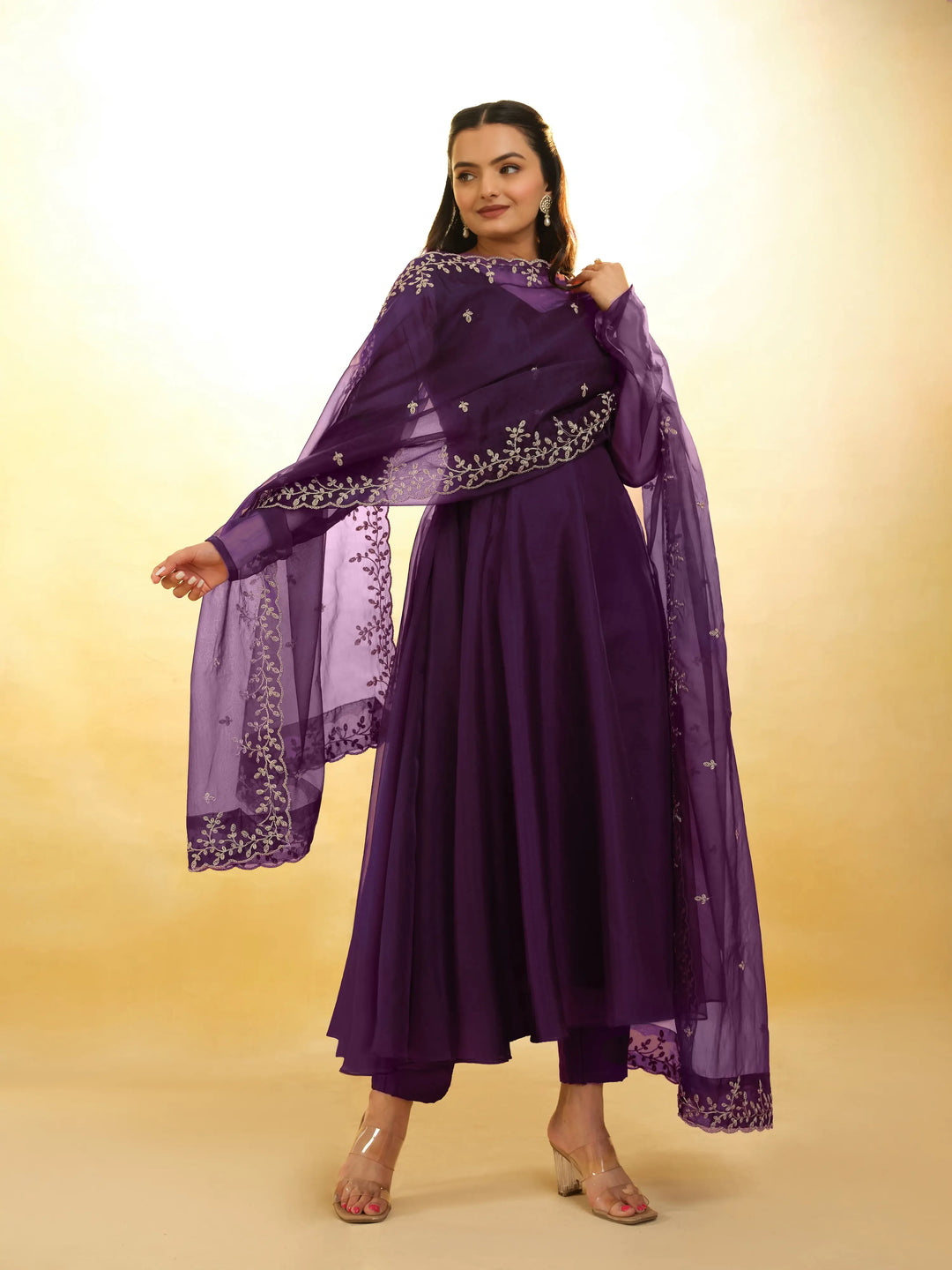 Plum Purple Organza Salwar Suit With Dupatta - qivii