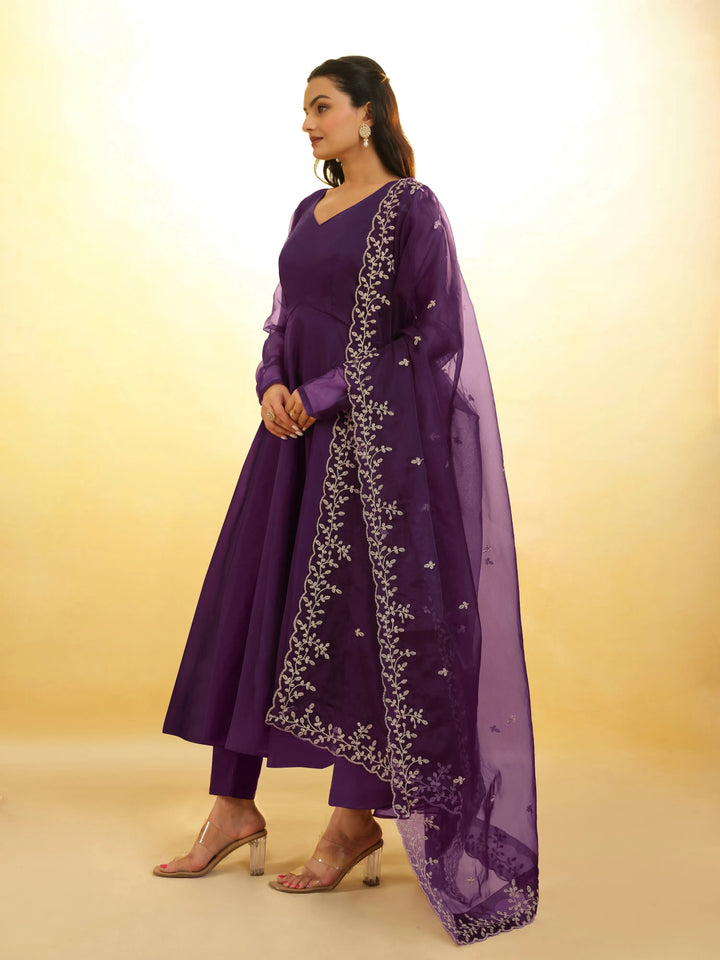 Plum Purple Organza Salwar Suit With Dupatta - qivii