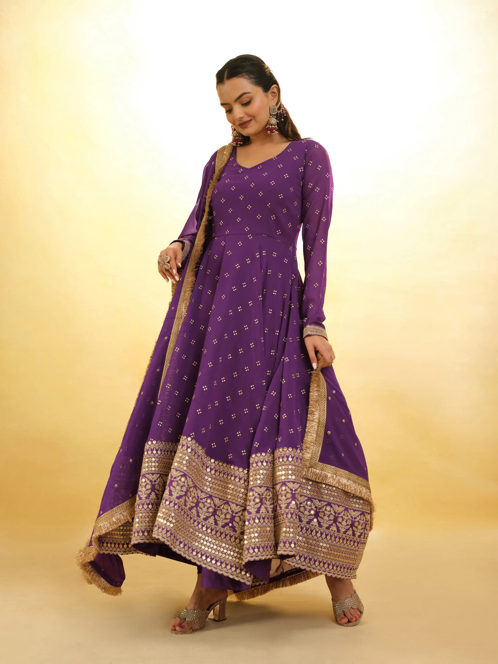 Wine Embroidery Work Georgette Gown With Dupatta