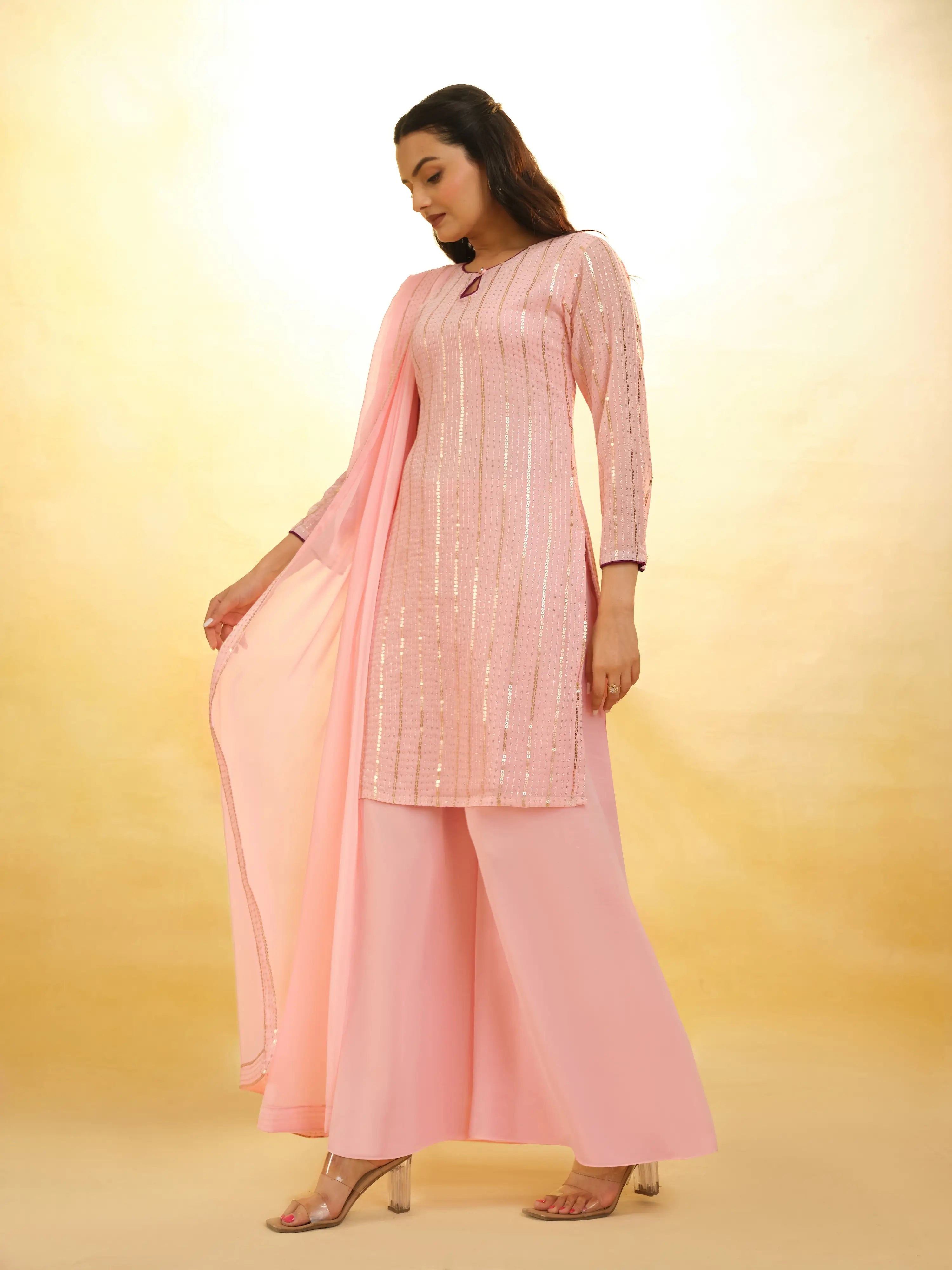 Peach Georgette palazzo Salwar Suit With Dupatta