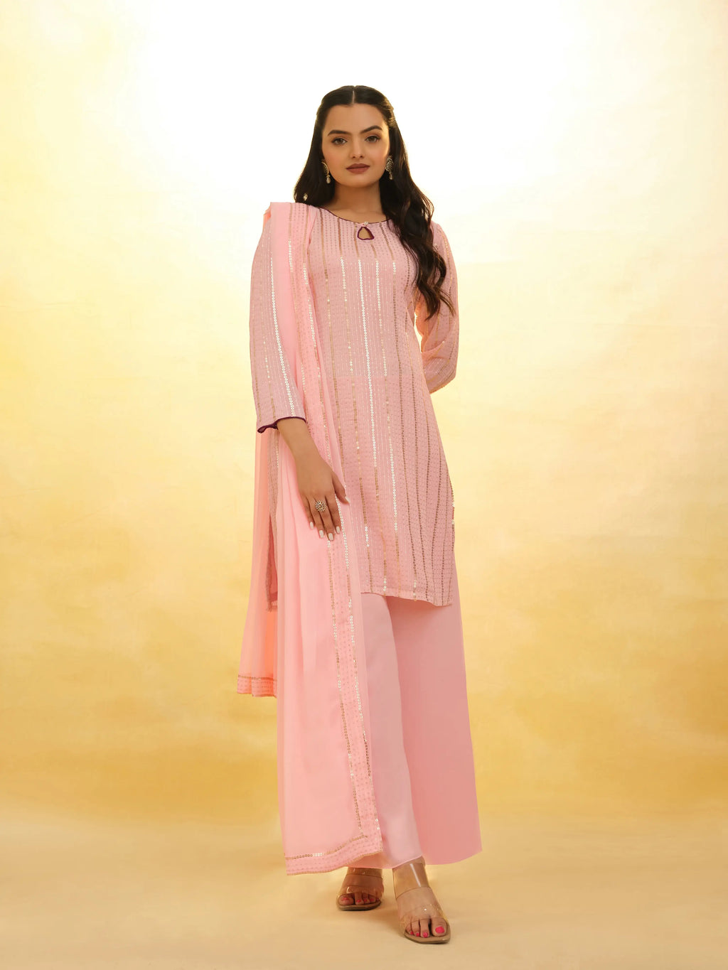 Peach Georgette palazzo Salwar Suit With Dupatta