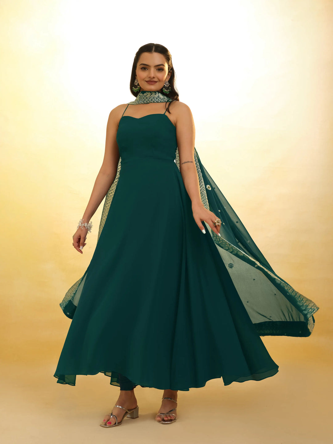 Green Georgette Salwar Suit With Dupatta - qivii