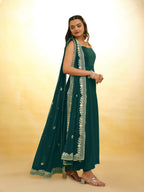 Green Georgette Gown With Embroidery Work Dupatta