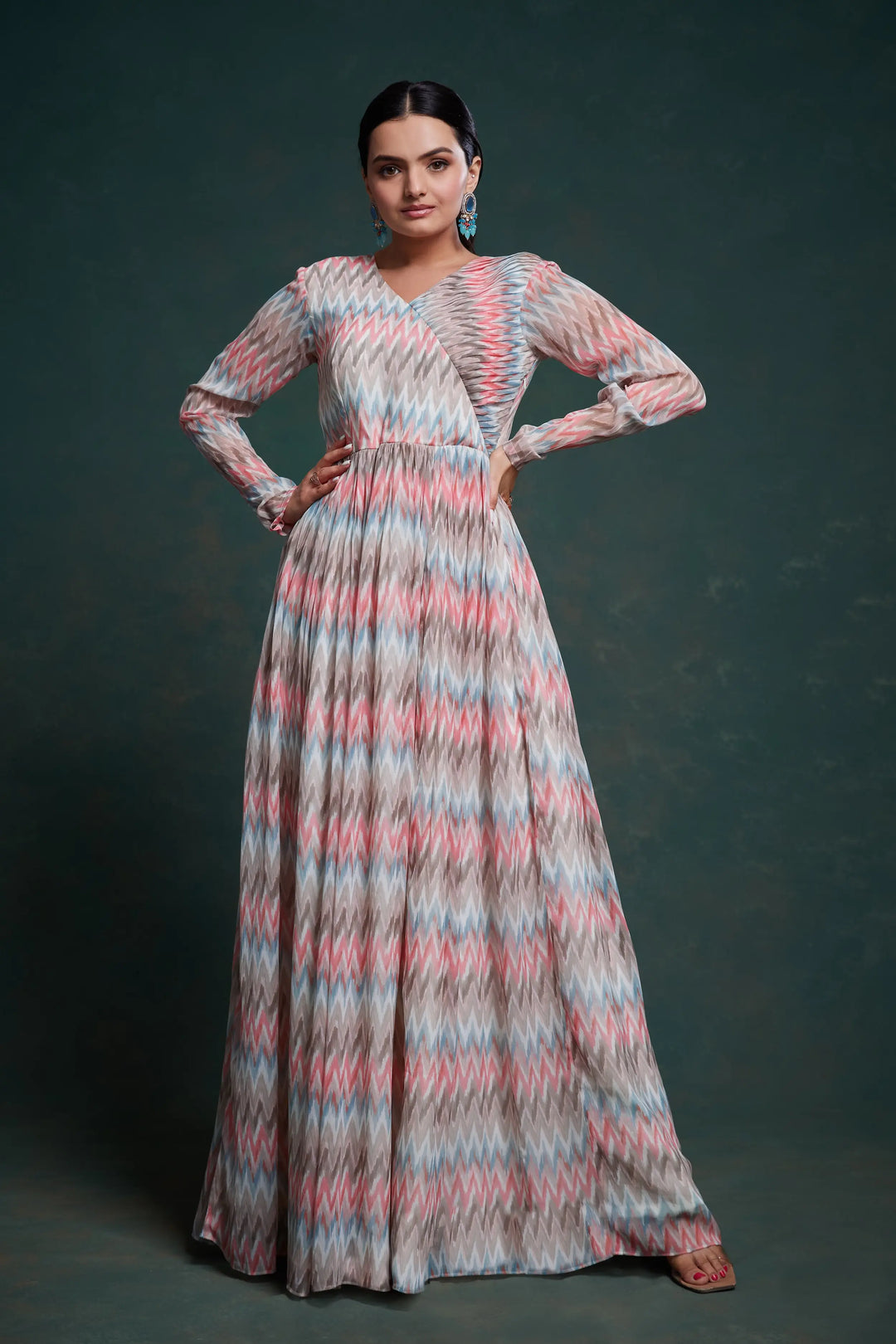 Pink And Gray Printed Georgette Gown - qivii