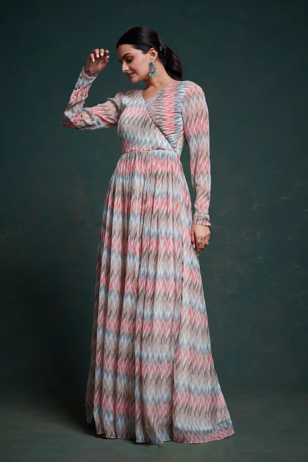 Pink And Gray Printed Georgette Gown - qivii
