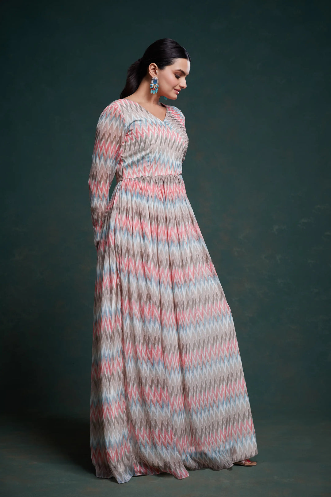 Pink And Gray Printed Georgette Gown - qivii