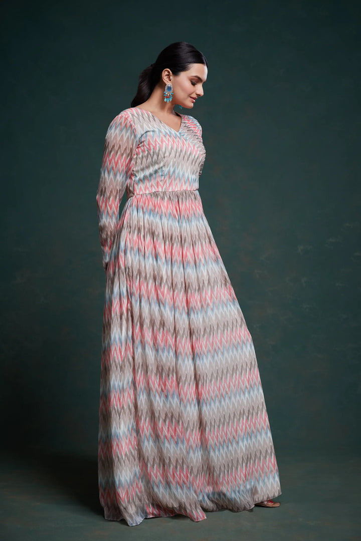 Pink And Gray Printed Georgette Gown - qivii