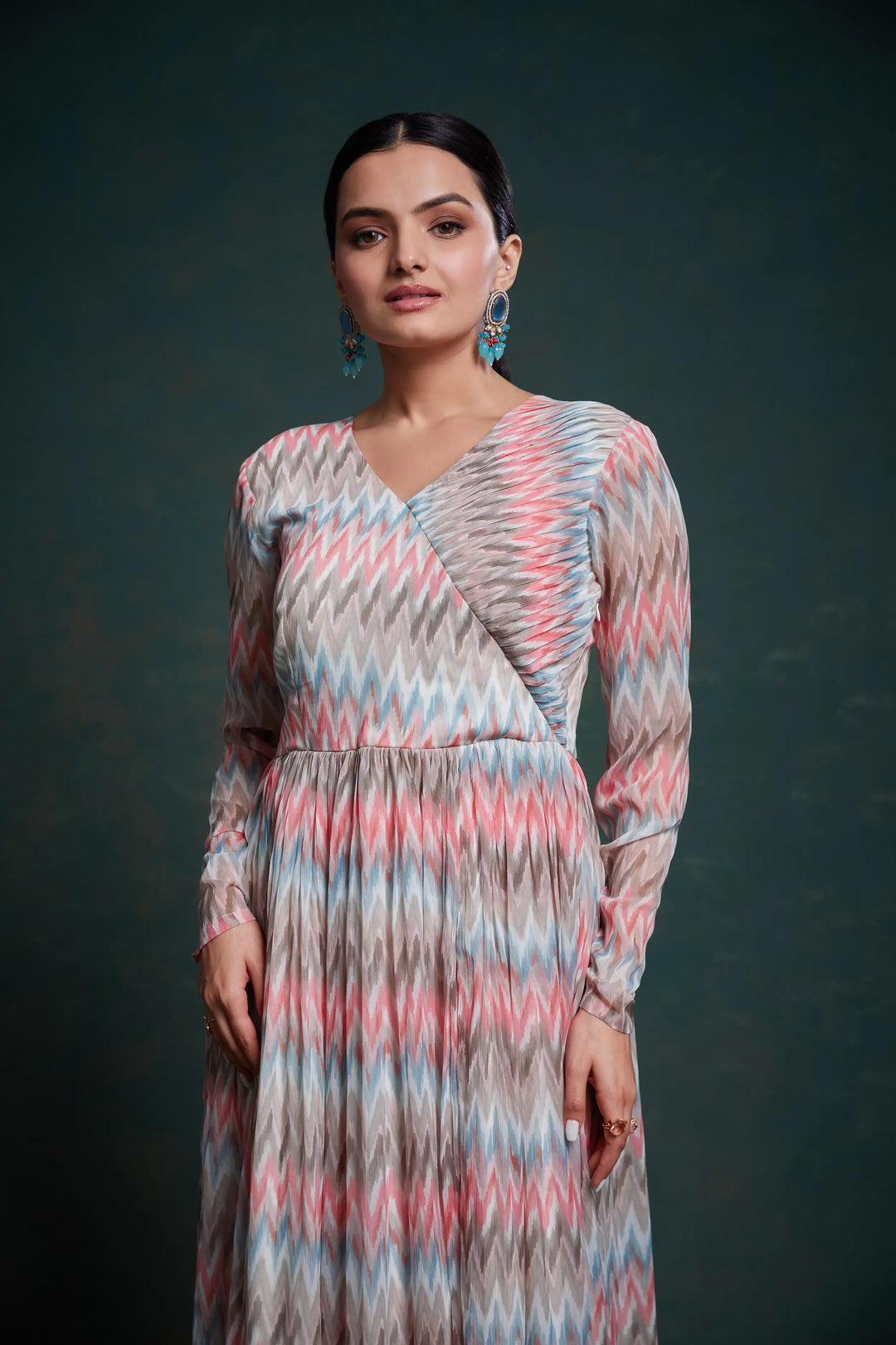 Pink And Gray Printed Georgette Gown - qivii