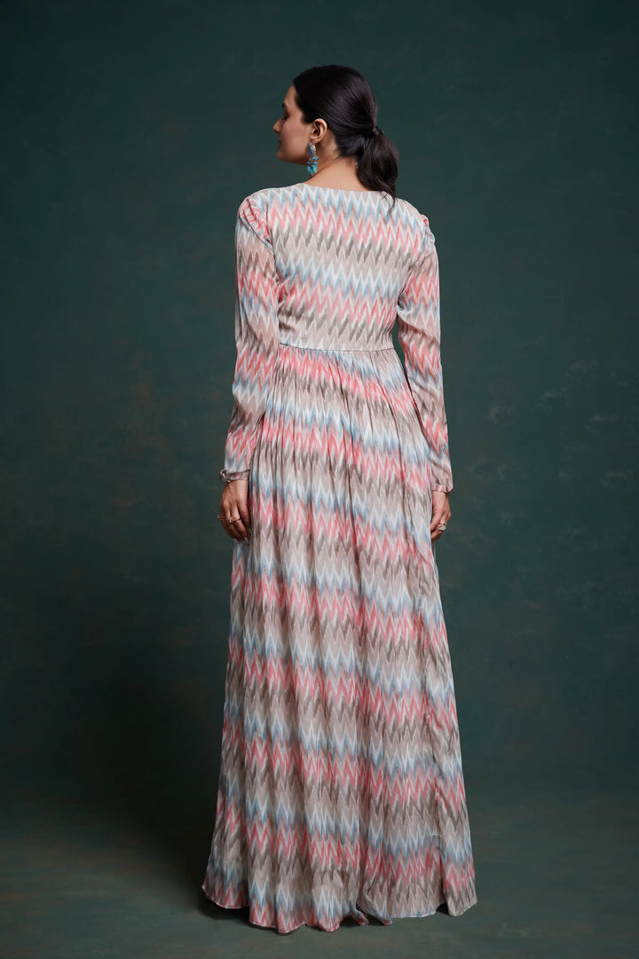 Pink And Gray Printed Georgette Gown - qivii