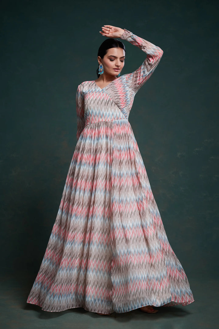 Pink And Gray Printed Georgette Gown - qivii