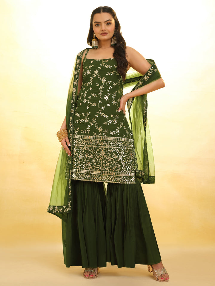 Alluring Green Embroidered Georgette Mehendi Wear Sharara Suit with Sequin Work and Intricate Embroidery 