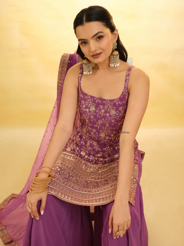 Fully stitched purple sharara suit available in sizes XS to XXL