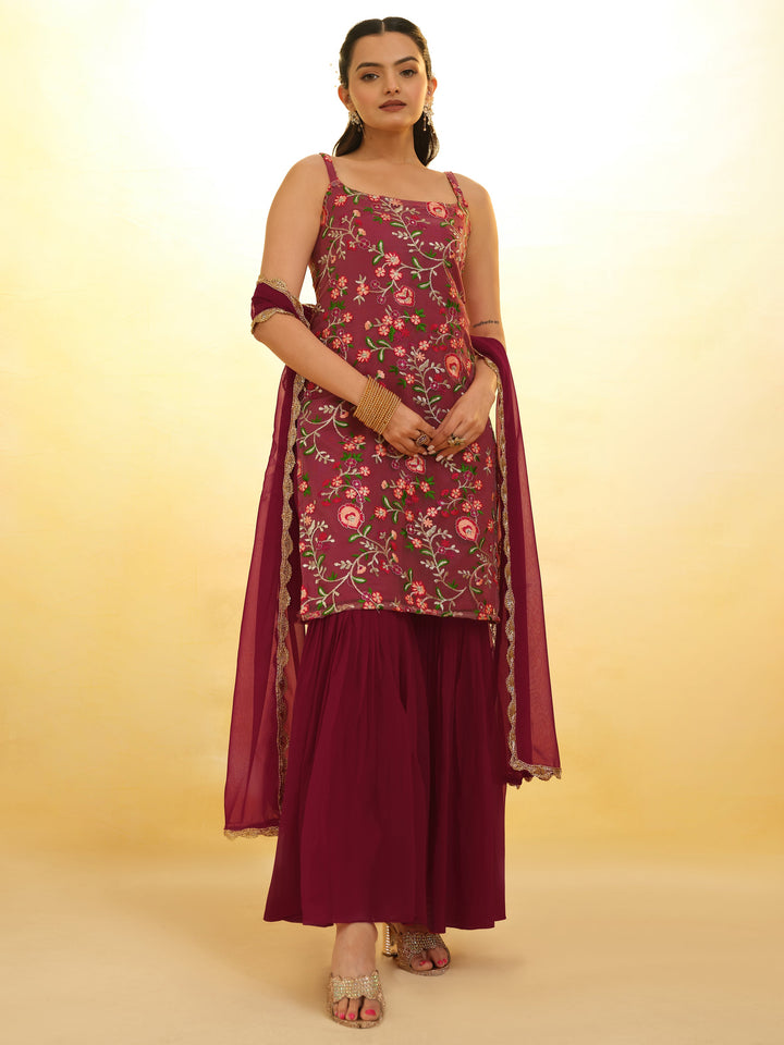 Fascinating Maroon Embroidered Net Festival Wear Sharara Suit with intricate detailing and stunning design
