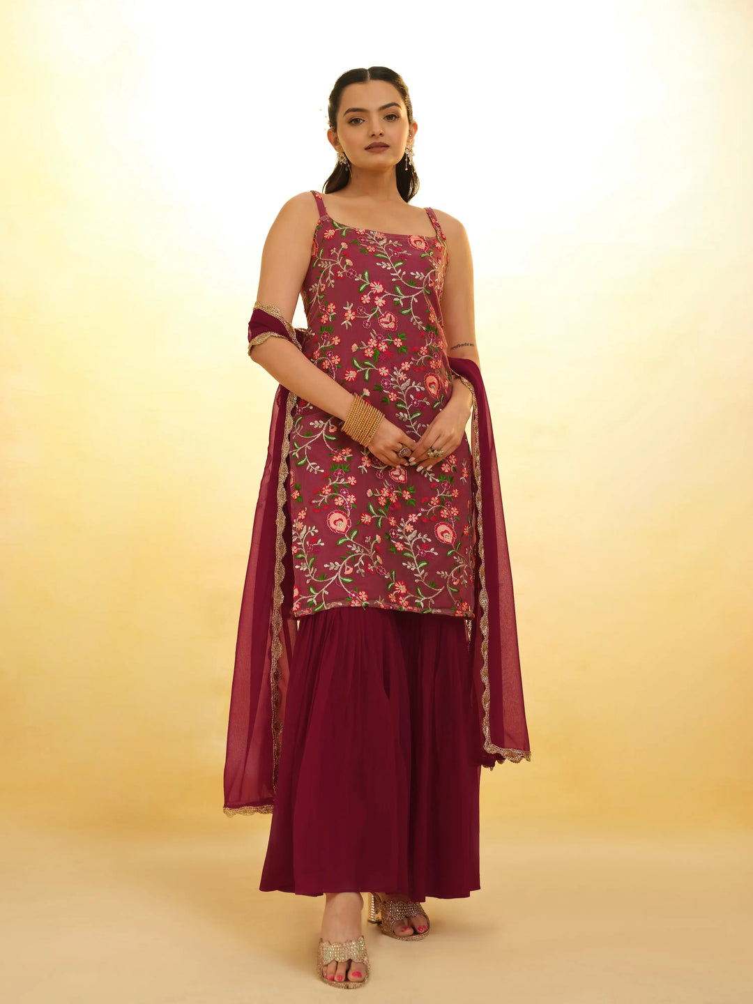 Cherry Red Georgette Salwar Suit With Dupatta - qivii