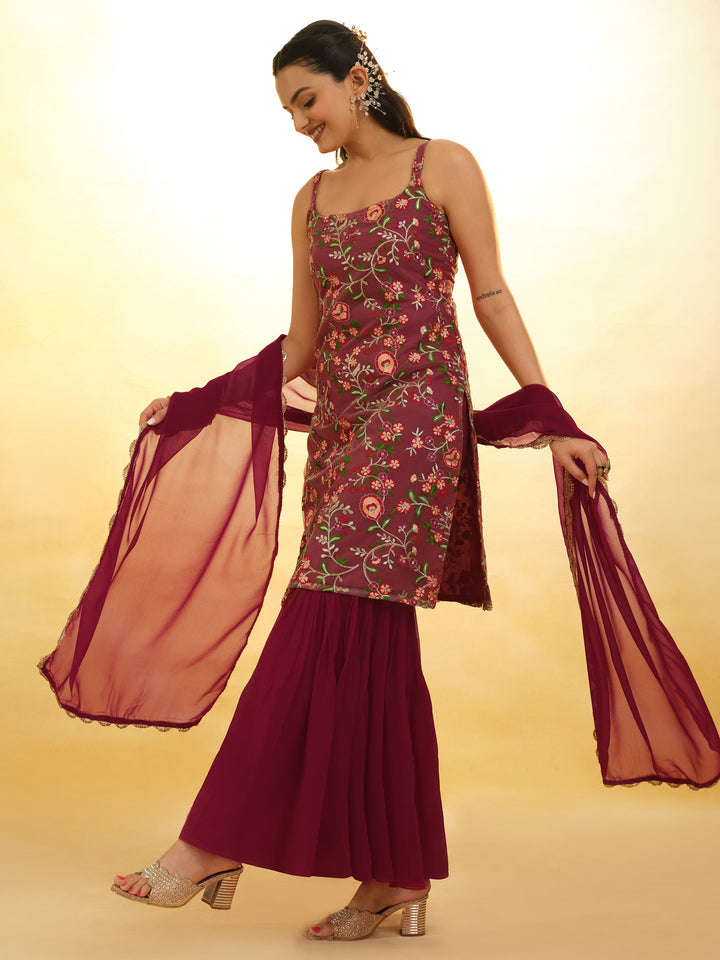 Beautiful maroon embroidered net festival wear sharara suit for women