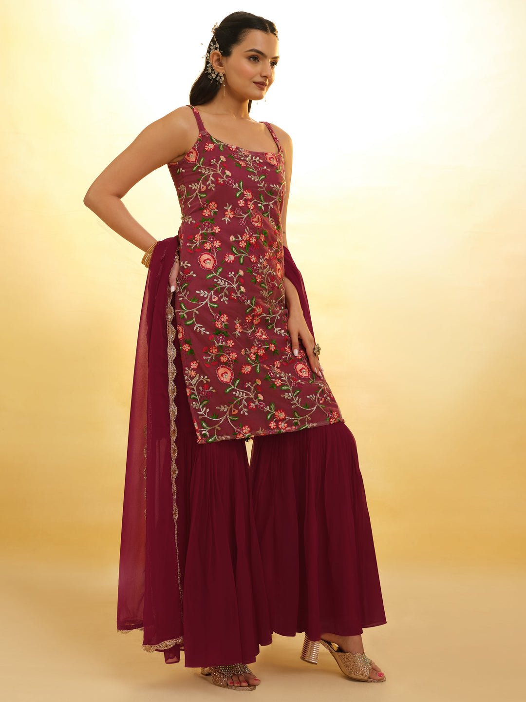 Maroon sharara suit with intricate embroidery for festival wear