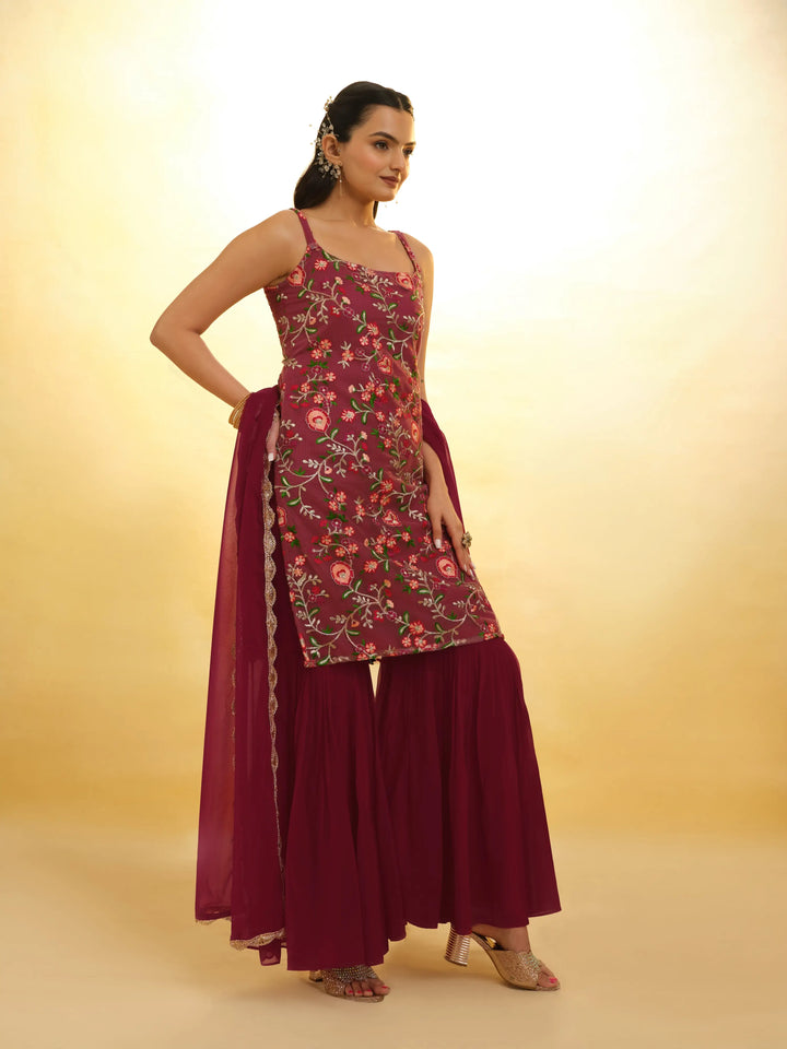 Cherry Red Georgette Salwar Suit With Dupatta - qivii